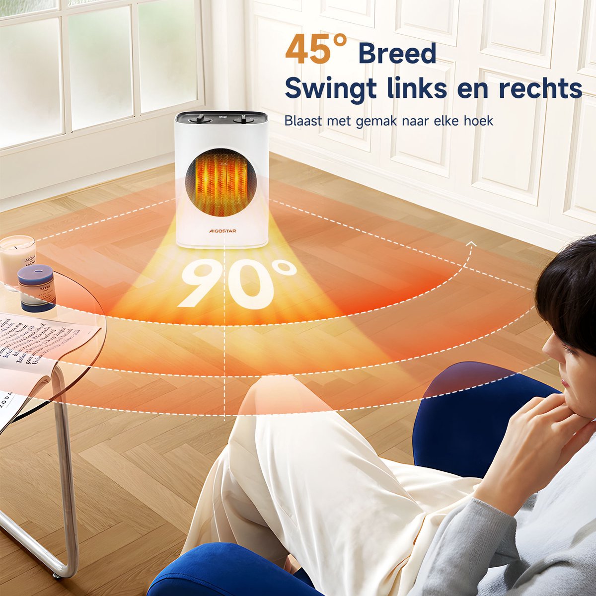 Aigostar David Elektrische Kachel - Verstelbare Thermostaat - Dubbele knop - 90°Bereik - Tot 20㎡ - Wit - 30L6A •