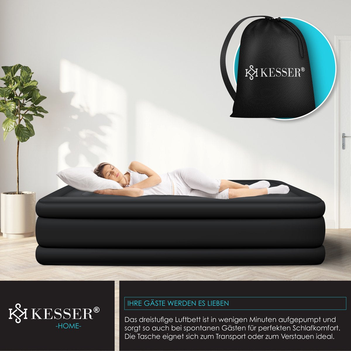 Luchtbed - 1 Persoons - Luchtmatras met pomp - Opblaasbed - Zwart - KESSER® •