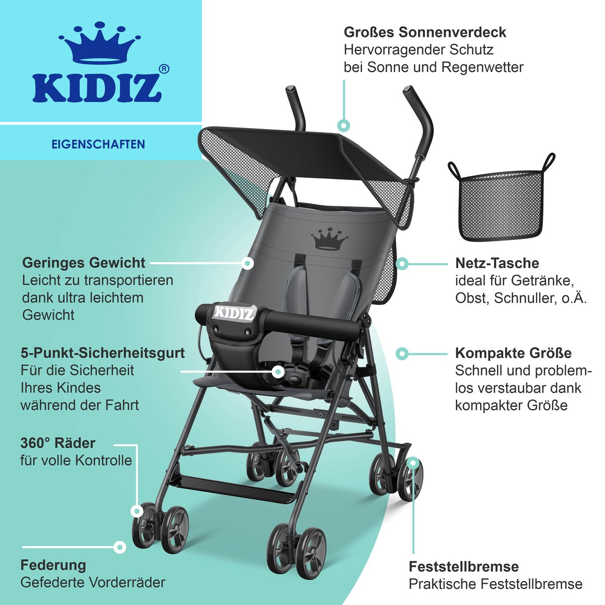 KIDIZ® Kinderwagen - Wandelwagen - Kinderbuggy - Antraciet