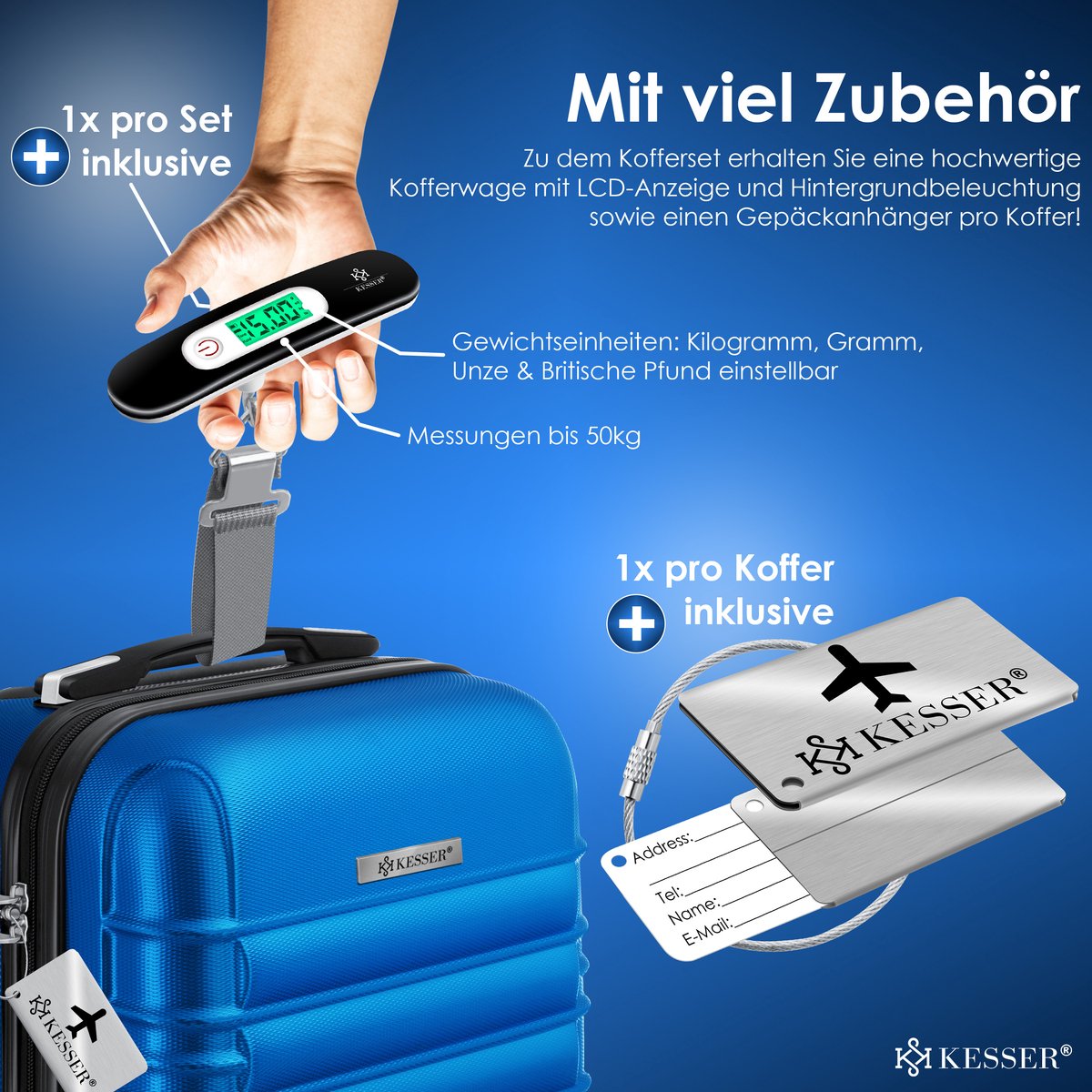 KESSER® Reiskofferset - 3-delig - ABS- Kofferset - Blauw