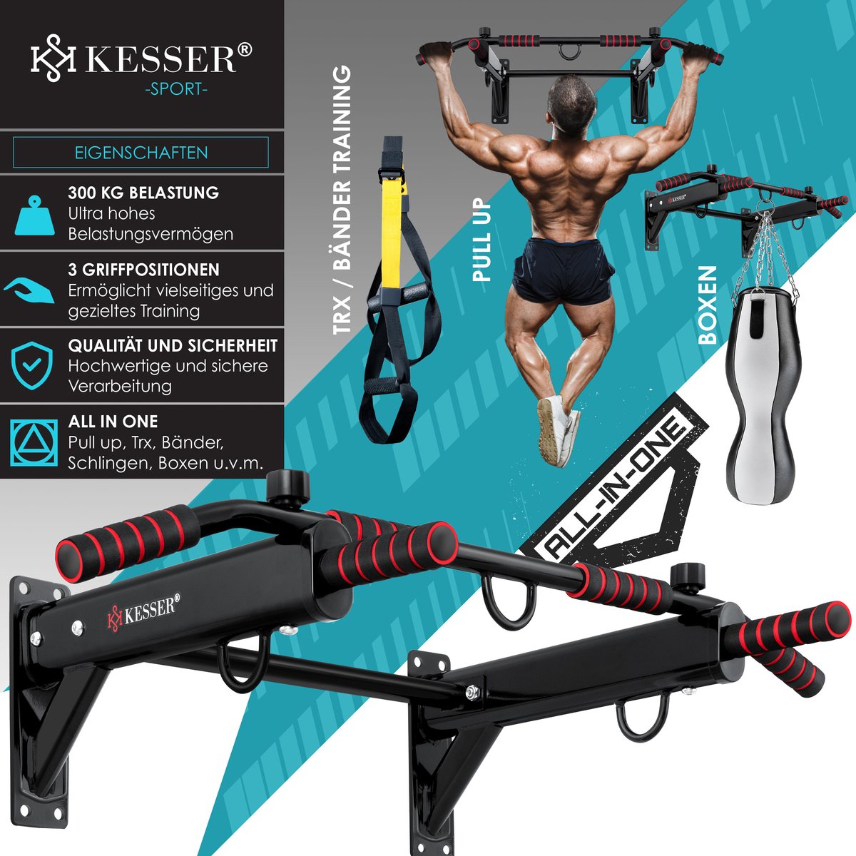 KESSER® Pull up bar - Optrekstang - Wandmontage - Rood
