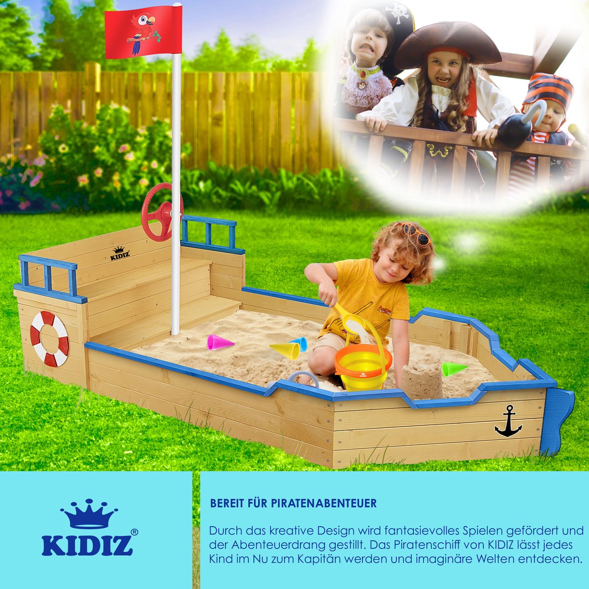 KIDIZ® Zandbak piratendesign - Met bankje - Bruin