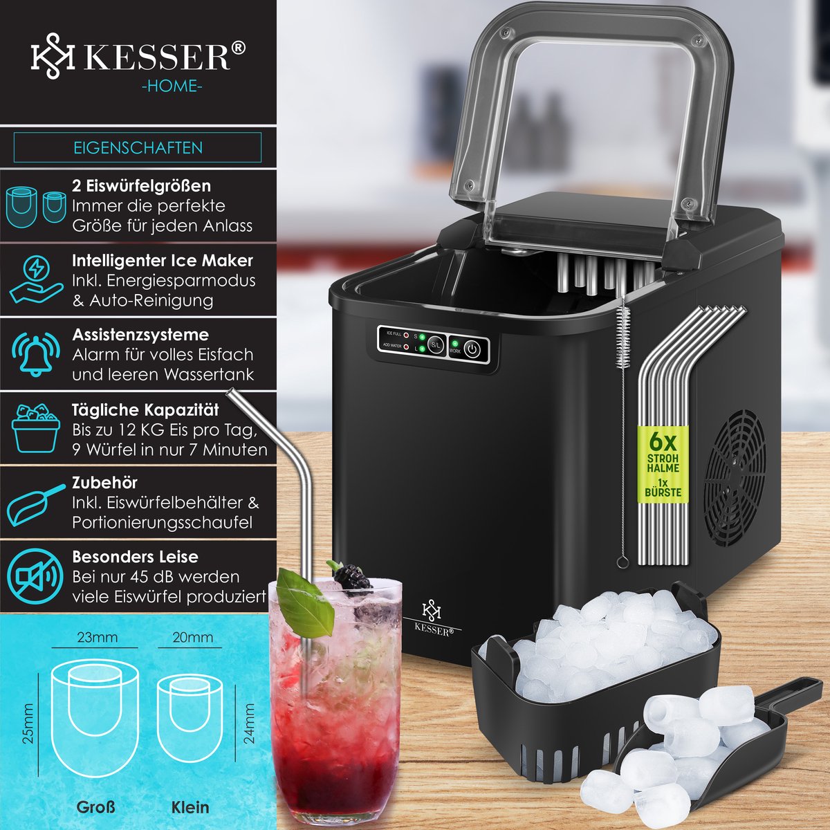 KESSER® Ijsblokjesmaker - Ijsblokjesmachine -12kg/24 uur - RVS - Zwart •