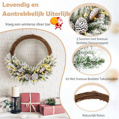 COSTWAY Kunstkerstkrans van 60 cm, met ledverlichting, met sneeuwbedekte dennenkrans met 35 warmwitte lampjes en 65 takken, kerstdecoratie, werkt op batterijen, voor binnen en buiten