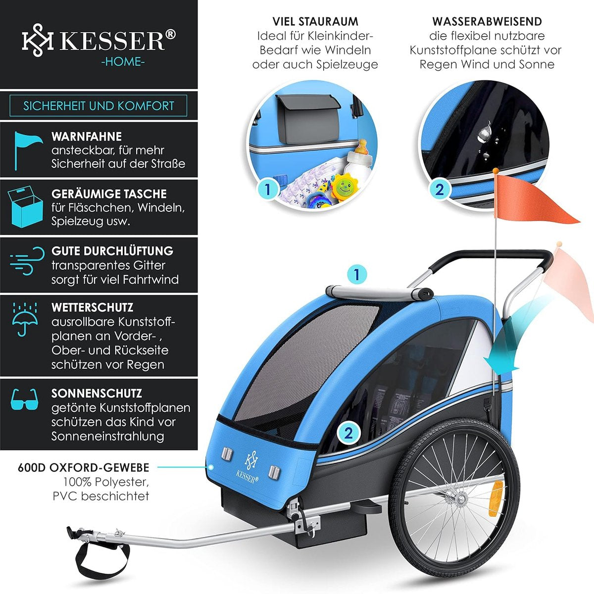KESSER® Fietsaanhanger - Kinderaanhanger - Max. 40kg - Blauw
