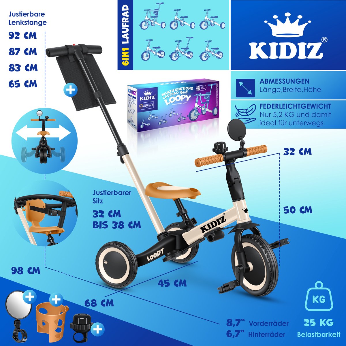 KIDIZ® Loopfiets 6in1 - Driewieler - Kinderfiets - 1-5 Jaar - Beige