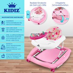 KIDIZ® 4in1 Babywalker / Loopstoel / Loopstoeltje voor Baby speel- en loopstoeltje - schommelfunctie baby wipstoeltje met wielen, licht, muziek, speelcentrum eettafel loopstoel loophulp baby's vanaf 6 maanden opvouwbaar - Roze