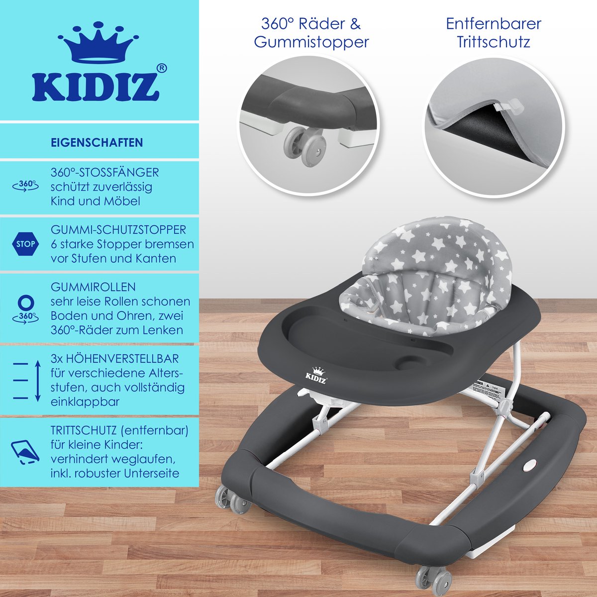 KIDIZ® 4in1 Baby walker - Loopstoel - Loopwagen - Opvouwbaar - Grijs