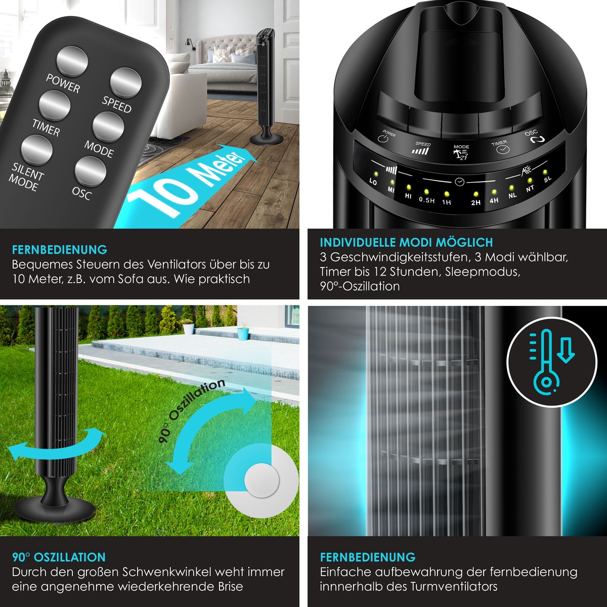 KESSER® Torenventilator - Fluisterstil - Oscillatie - Zwart •