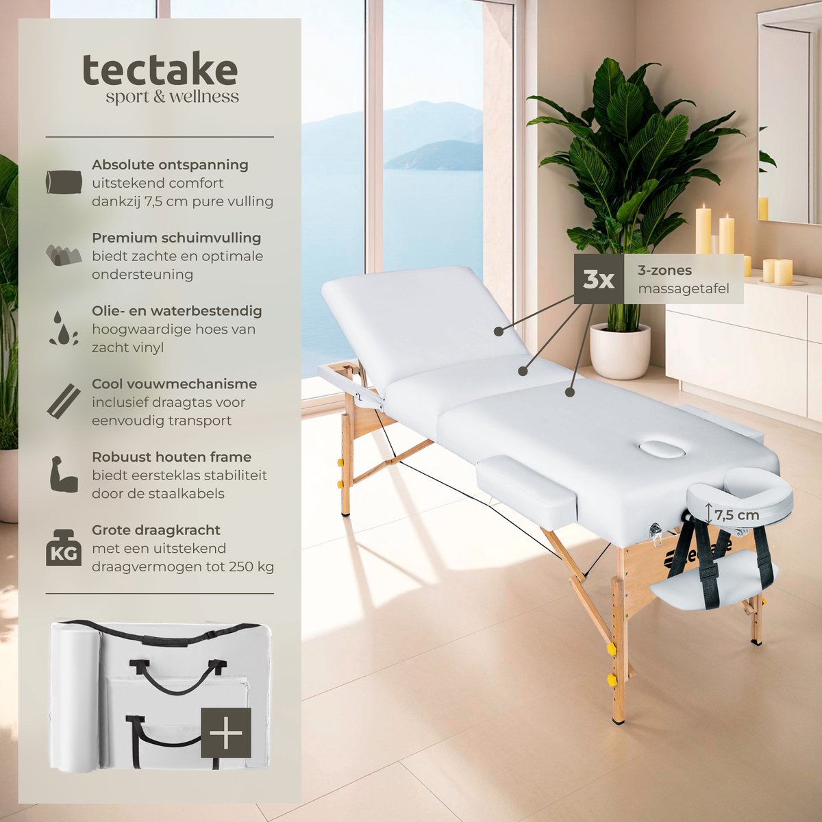 tectake® 3-zone massagetafel - Draagvermogen 250 kg - Mobiele massagebank - Houten frame - Behandeltafel - Inclusief draagtas, hoofdsteun en armleuning - Dikte matras 7,5 cm - In hoogte verstelbaar - Afmeting (LxBxH) 218x102x65 - 90 cm - Wit