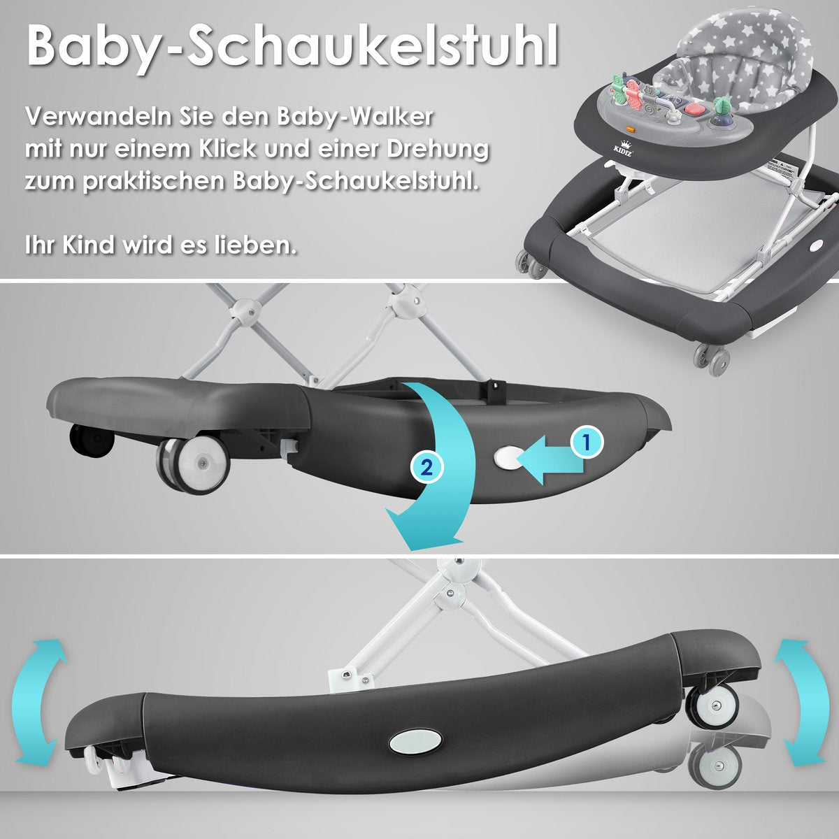 KIDIZ® 4in1 Baby walker - Loopstoel - Loopwagen - Opvouwbaar - Grijs
