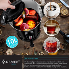 KESSER® Gluhweinketel 10 Liter - Elektrische Ketel voor Gluhwein - Glühweinketel Roestvrij Staal Incl. 10x Mokken Warm Dranken Dispenser voor Glühwein met Thermostaat Water Koker - Zwart