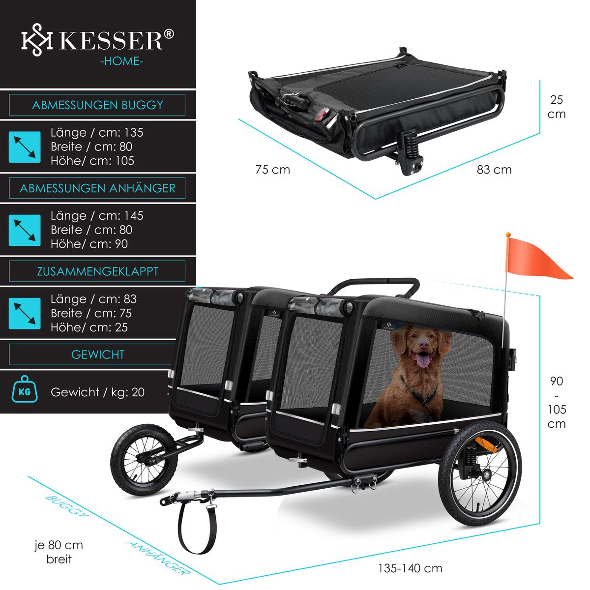KESSER® Hondenfietskar tot 40 kg 3in1 Hondenbuggy - Fietskar Hond Jogger - Zwart