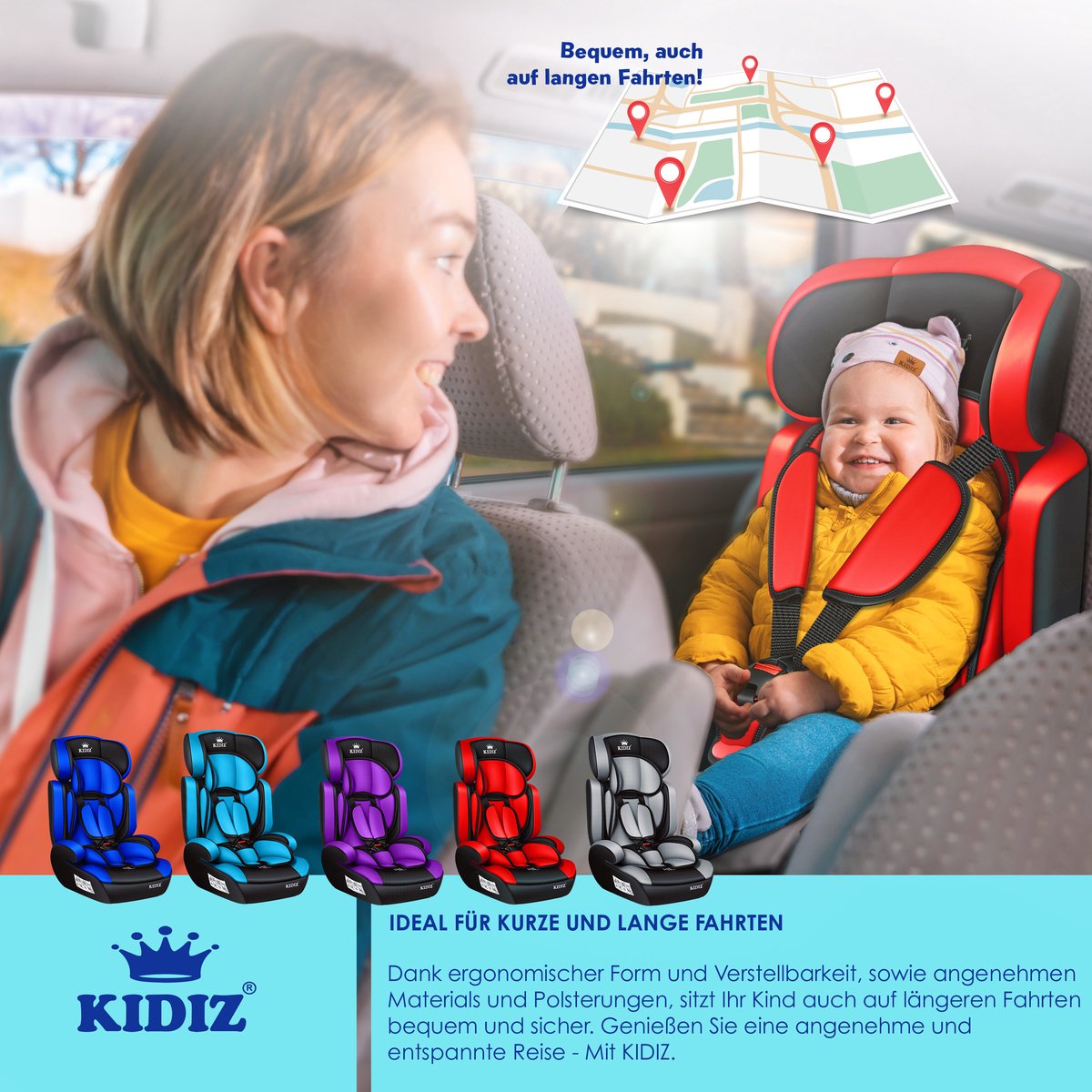 KIDIZ® Autostoeltje Groep 1+2+3  9-36 kg 5-punts veiligheidsgordel, Autostoeltje, Kinderzitje, Verstelbare Hoofdsteun | Stoelverhoger 1-12 jaar, Stabiel en Veilig - Rood