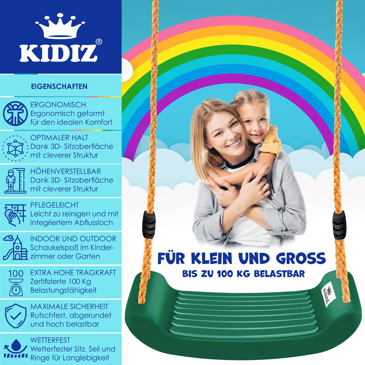 KIDIZ® Schommel Kinderschommel Set - Incl. Accessoires Schommelzitje PP-Touwen Schommelplank Tuin Buiten Binnenschommel voor kinderen om op te schommelen Plastic Hoogte Verstelbaar Antislip - Groen
