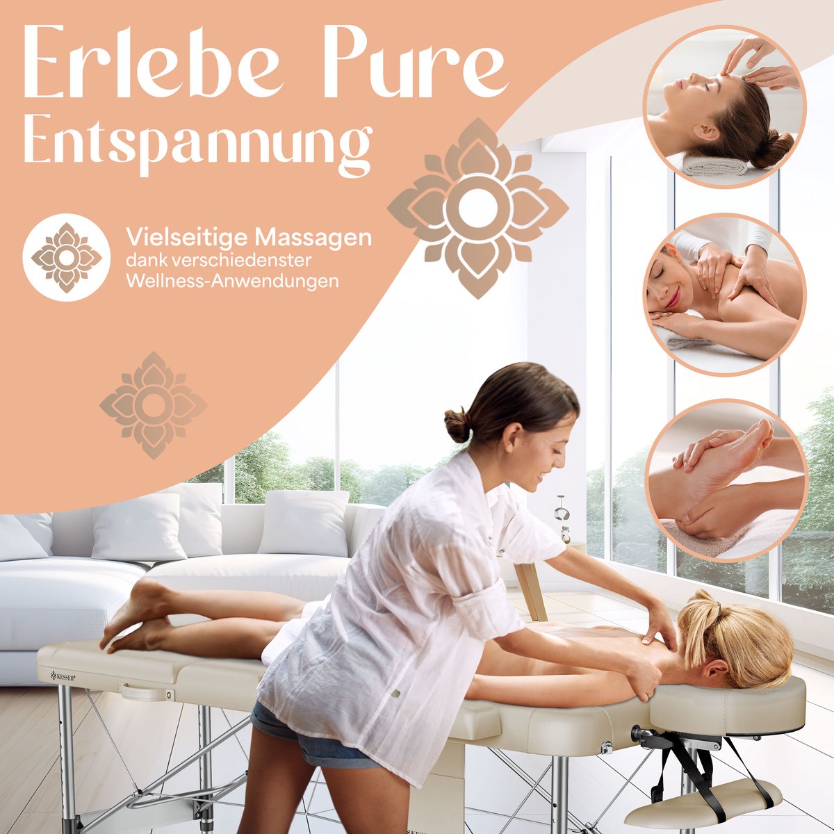 KESSER® Massagetafel inklapbaar 180x61x90cm | Behandeltafel 225kg Draagvermogen & In Hoogte Verstelbaar | Mobiele Massagebank 3-Zone | Aluminium Massagebed met Hoofdsteunen Armsteunen & opbergtas - Beige