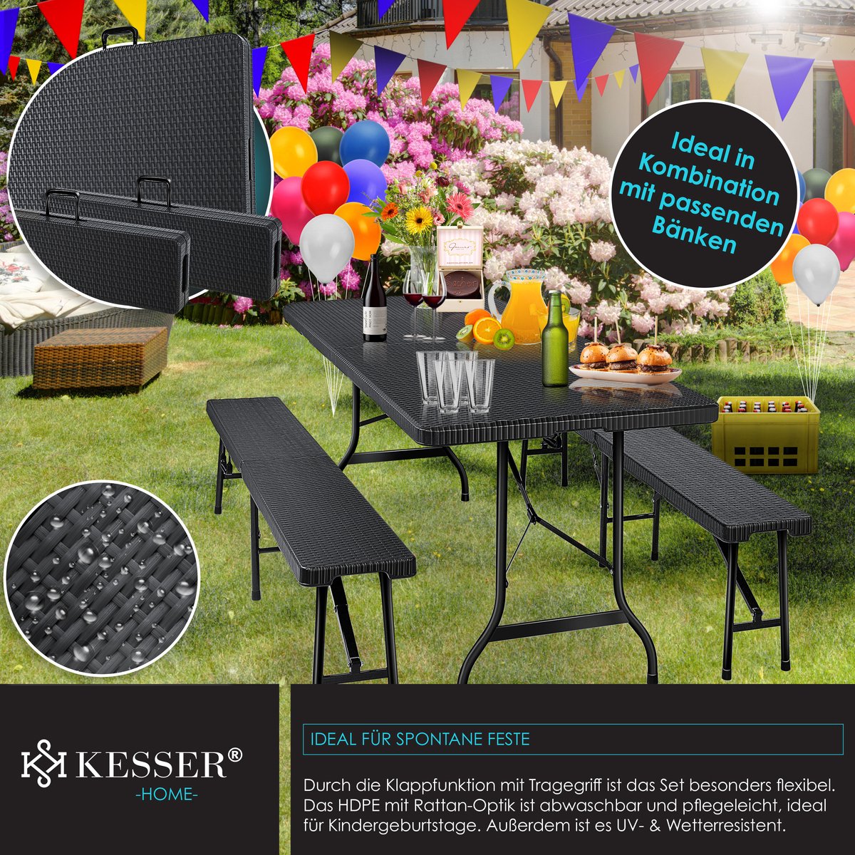 KESSER® Inklapbare Tafel 180x75x73cm Vouwtafel Kunststof - Campingtafel Klaptafel Geschikt voor 8 Personen voor Tuin, Terras en Balkon inclusief Draaggreep - Antraciet