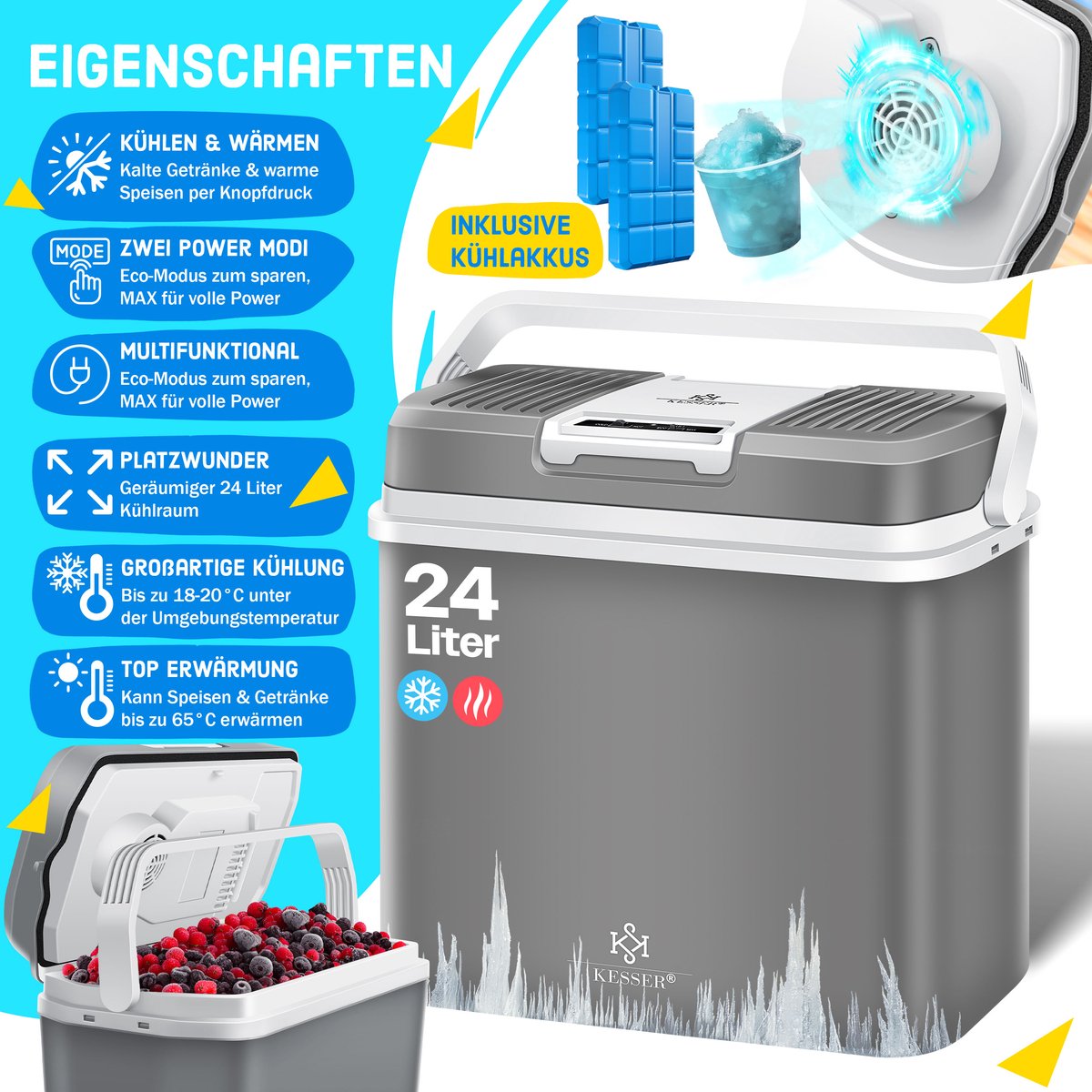 Koelbox Elektrisch – 12V en 230 volt - Coolbox - Frigobox - 24L – Grijs •