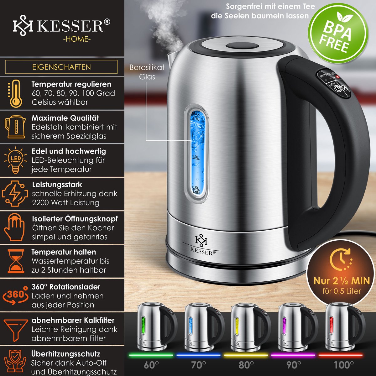 KESSER® RVS Waterkoker - 1,7L - 2200W - Warmhoudfunctie - Zilver