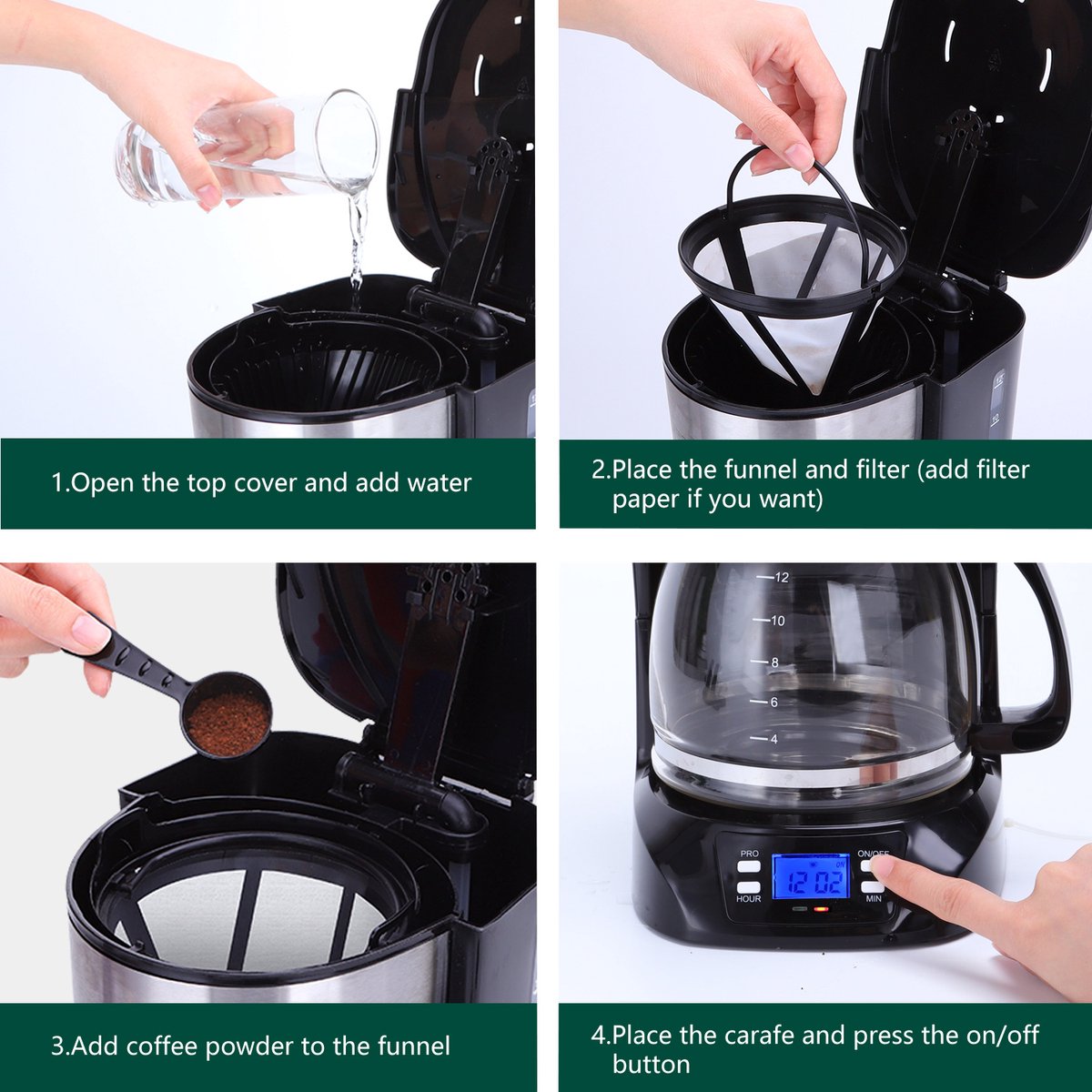 Aigostar Benno - Koffiezetapparaat - Filterkoffie - 12 kopjes - Koffiemachine - met Glazen Kan - Digitaal Display, Timer en Warmhoudplaat - Zwart/RVS •