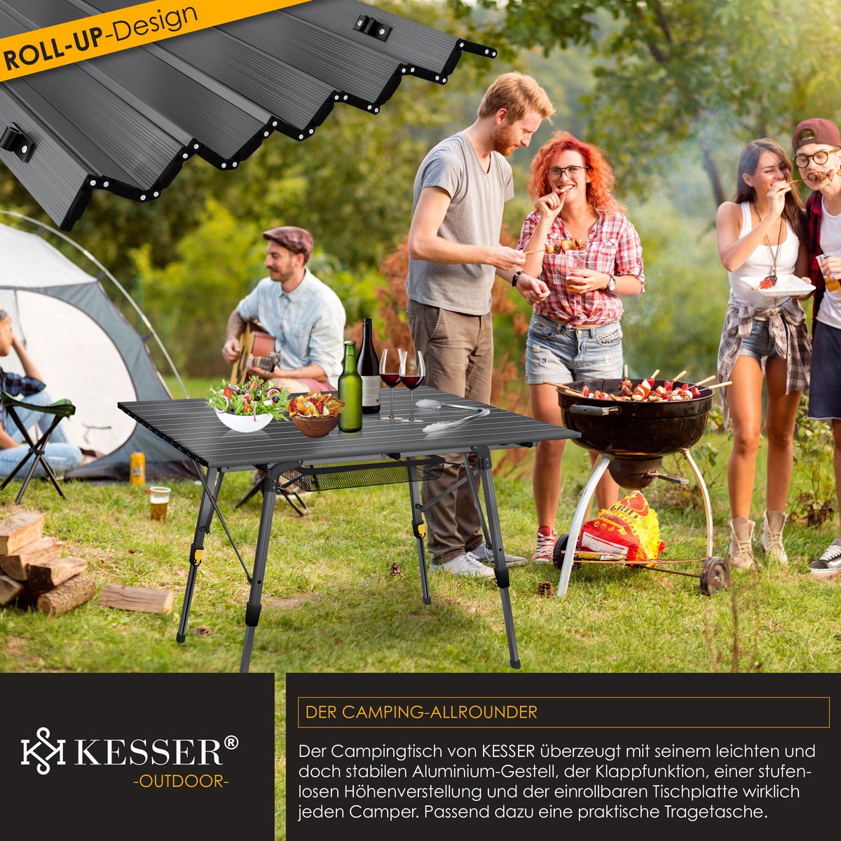 KESSER® Campingtafel Opvouwbaar - Verstelbaar - 120x70 cm - Antraciet
