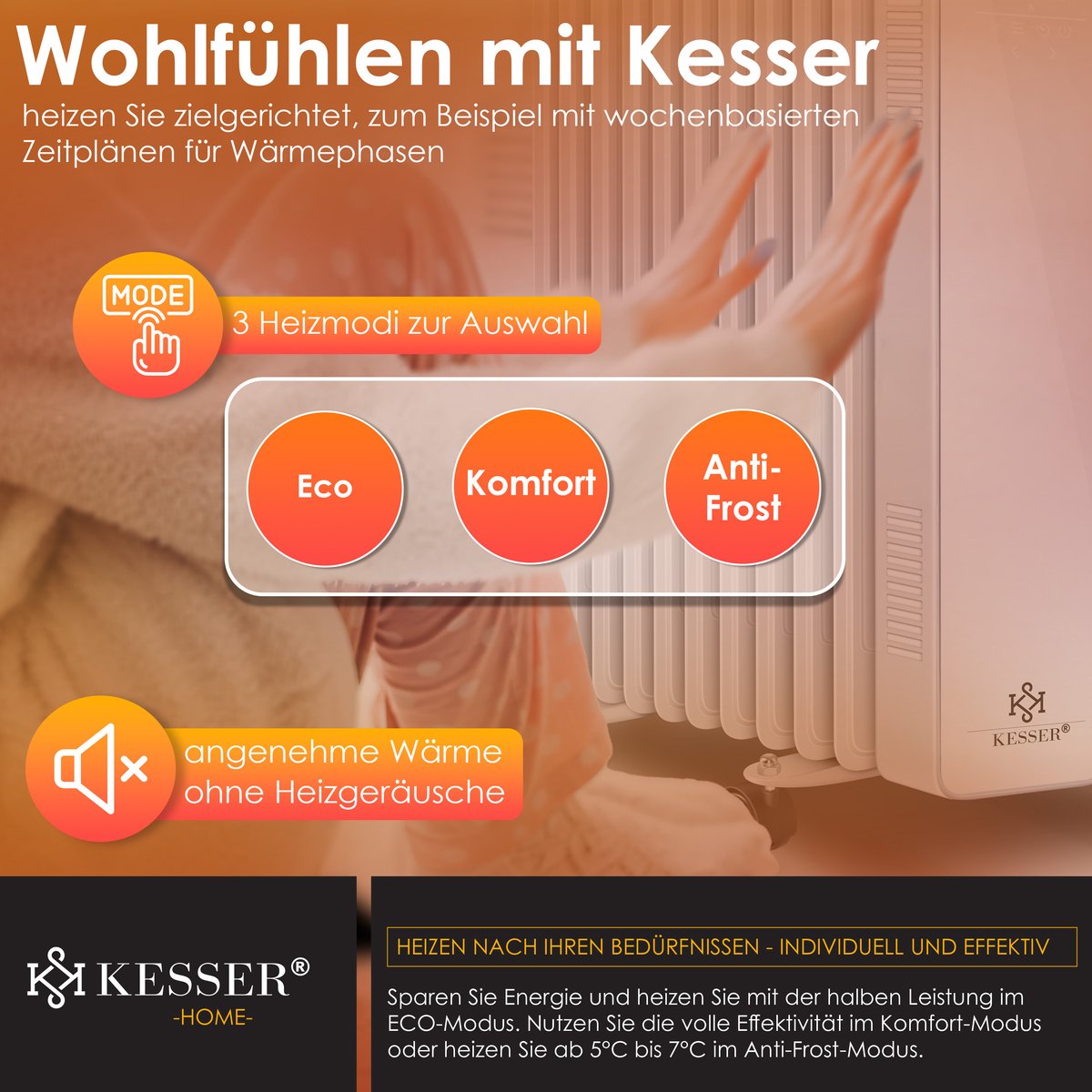 KESSER® Olieradiator - Oliegevulde Radiator 2500W - Elektrische Kachel Energiebesparing met Thermostaat - Touchscreen LED Display WiFi App & Afstandsbediening Electrische Verwarming - Wit