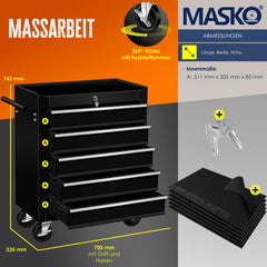 Masko® Werkplaatswagen - Gereedschapswagen - 5 vakken - Zwart •