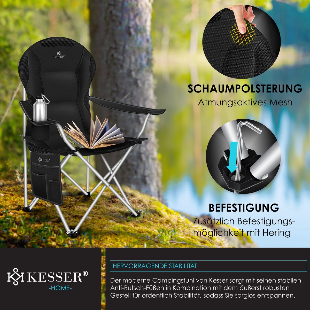 KESSER® Campingstoel - Visstoel - Vouwstoel - Zwart