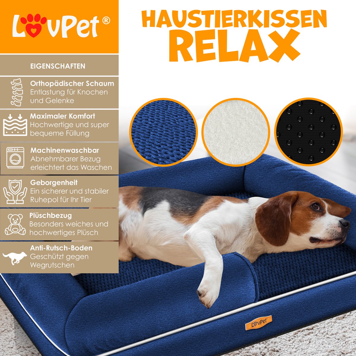 LovPet® Hondenmand Orthopedisch Hondenbed Hondenkussen Relax, Inclusief Kom + 3X Kauwbotten, Hondenbank voor Kleine, Middelgrote & Grote Honden, Hoes Afneembaar en Wasbaar - M (91 x 71 x 25 cm), Marineblauw