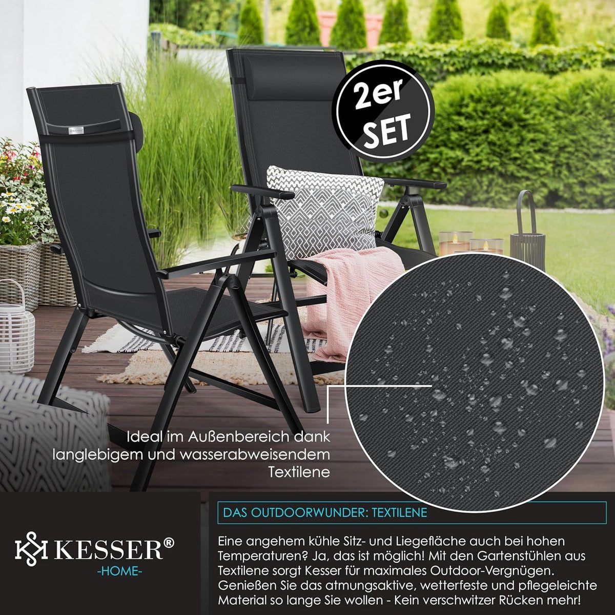 KESSER® Tuinstoel Opklapbaar - Set van 2 - Antislip - Zwart
