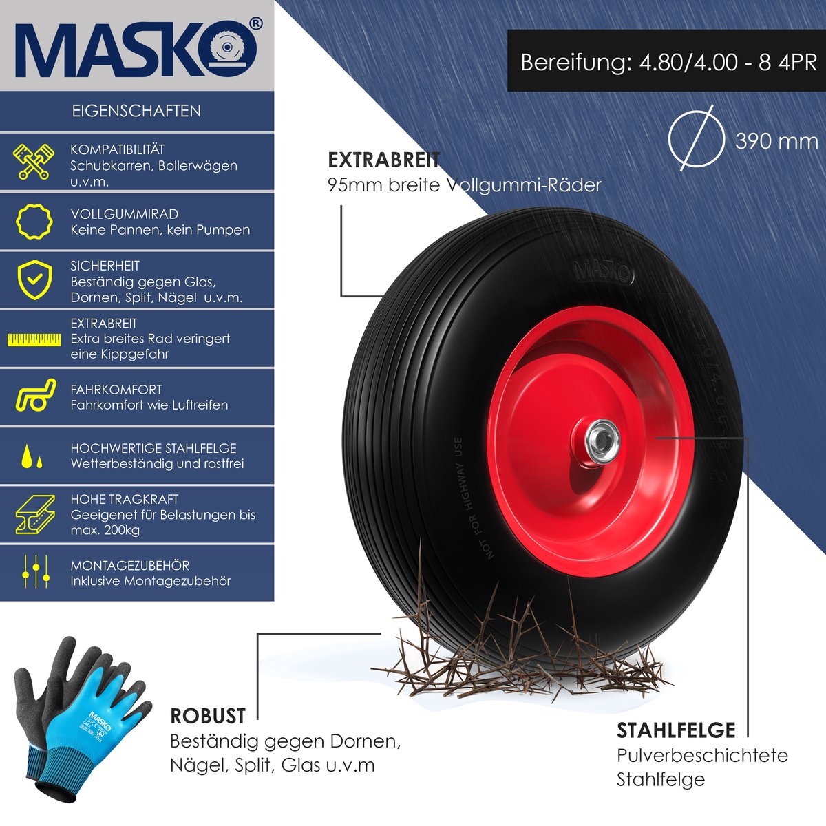 MASKO® Kruiwagenwiel Massief - 4.80/4.00-8 Ø 390mm - Zwart