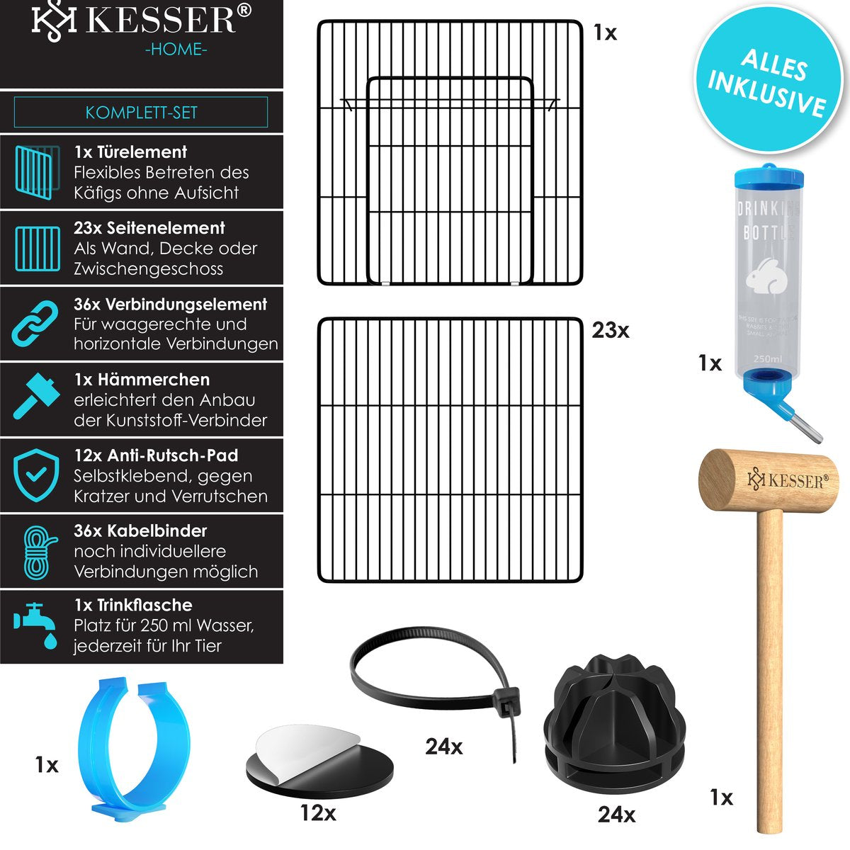 KESSER® Konijnenren - Konijnenhok - 36x216x216 cm - Binnen & Buiten - Zwart