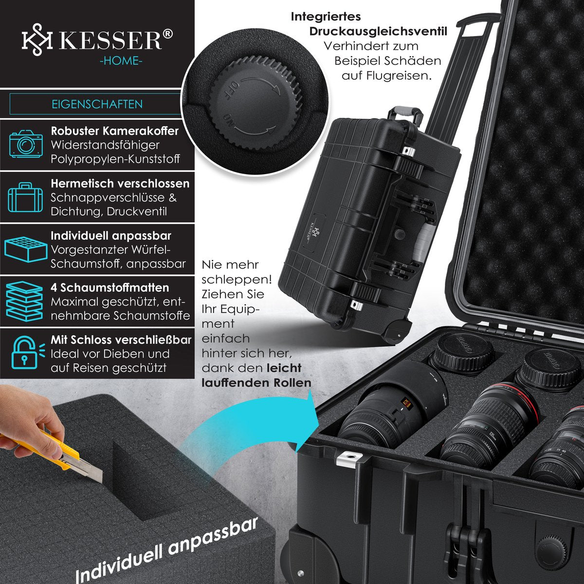 KESSER® Camera Koffer met Wielen - Weerbestendig - Zwart