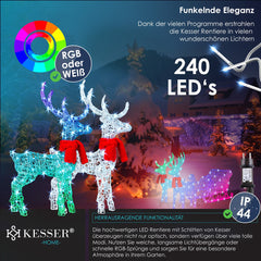 KESSER® Kerstverlichting 240 LED´s 2x Rendier met Slee - lichtslang met timer voor buiten en binnen - LED Lampjes Kerstversiering kerstdecoratie - Kleurrijk (RGB LED´s)