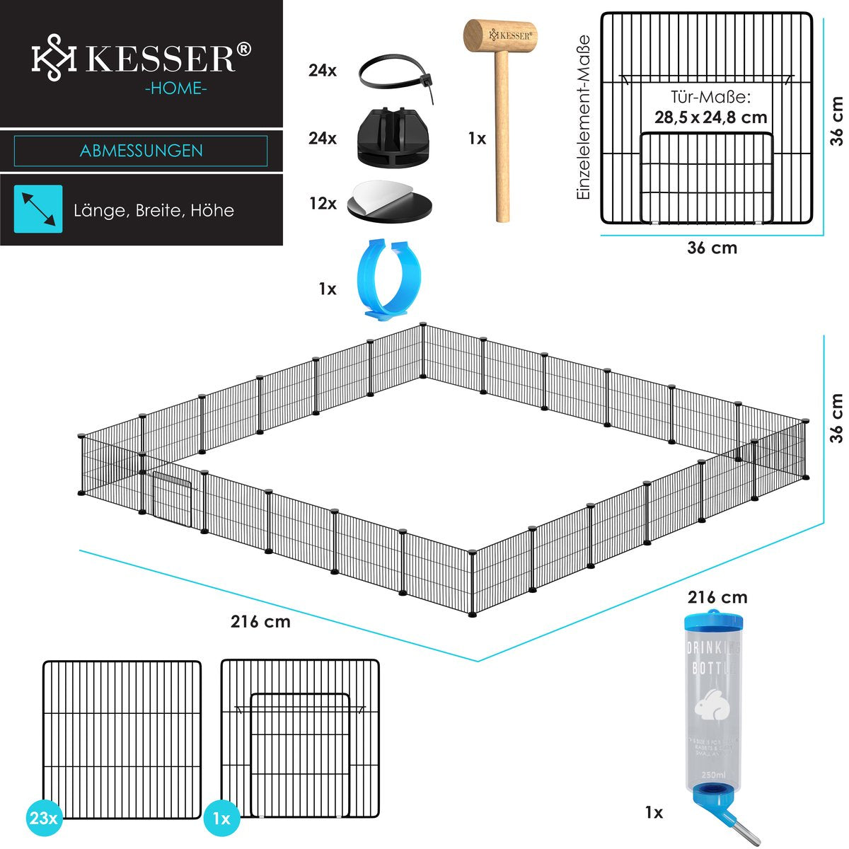 KESSER® Konijnenren - Konijnenhok - 36x216x216 cm - Binnen & Buiten - Zwart