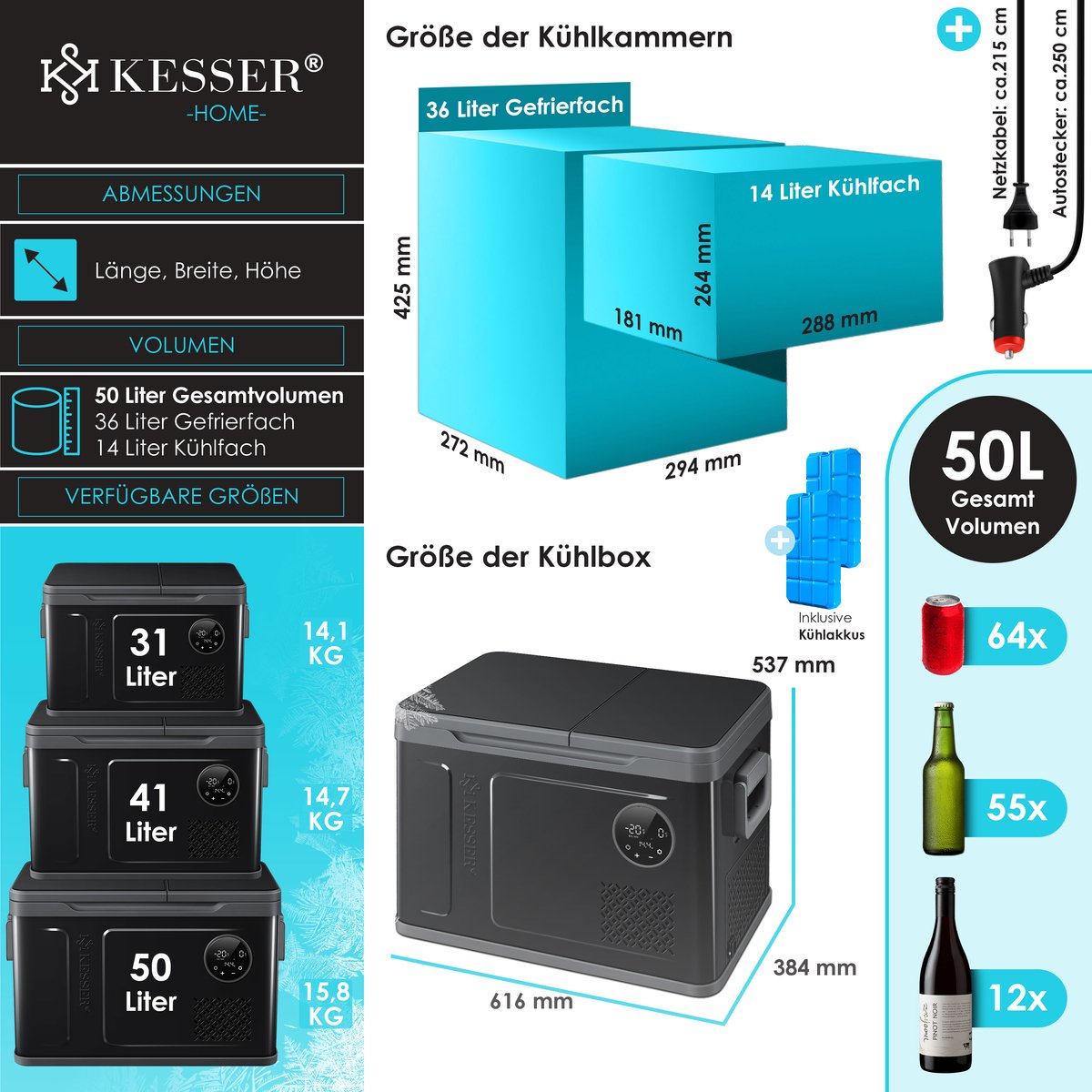 KESSER® Elektrische Koelbox - Compressor - tot -20°C - 49L - Zwart
