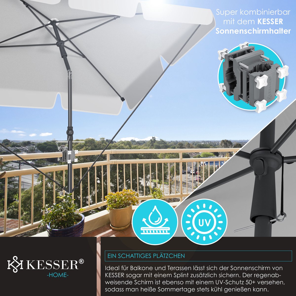KESSER® Stokparasol Inclusief Beschermhoes & Draagtas 200 × 125cm - Parasol voor Balkon, Tuin & Terras Tuinparasol Strandparasol - Lichtgrijs