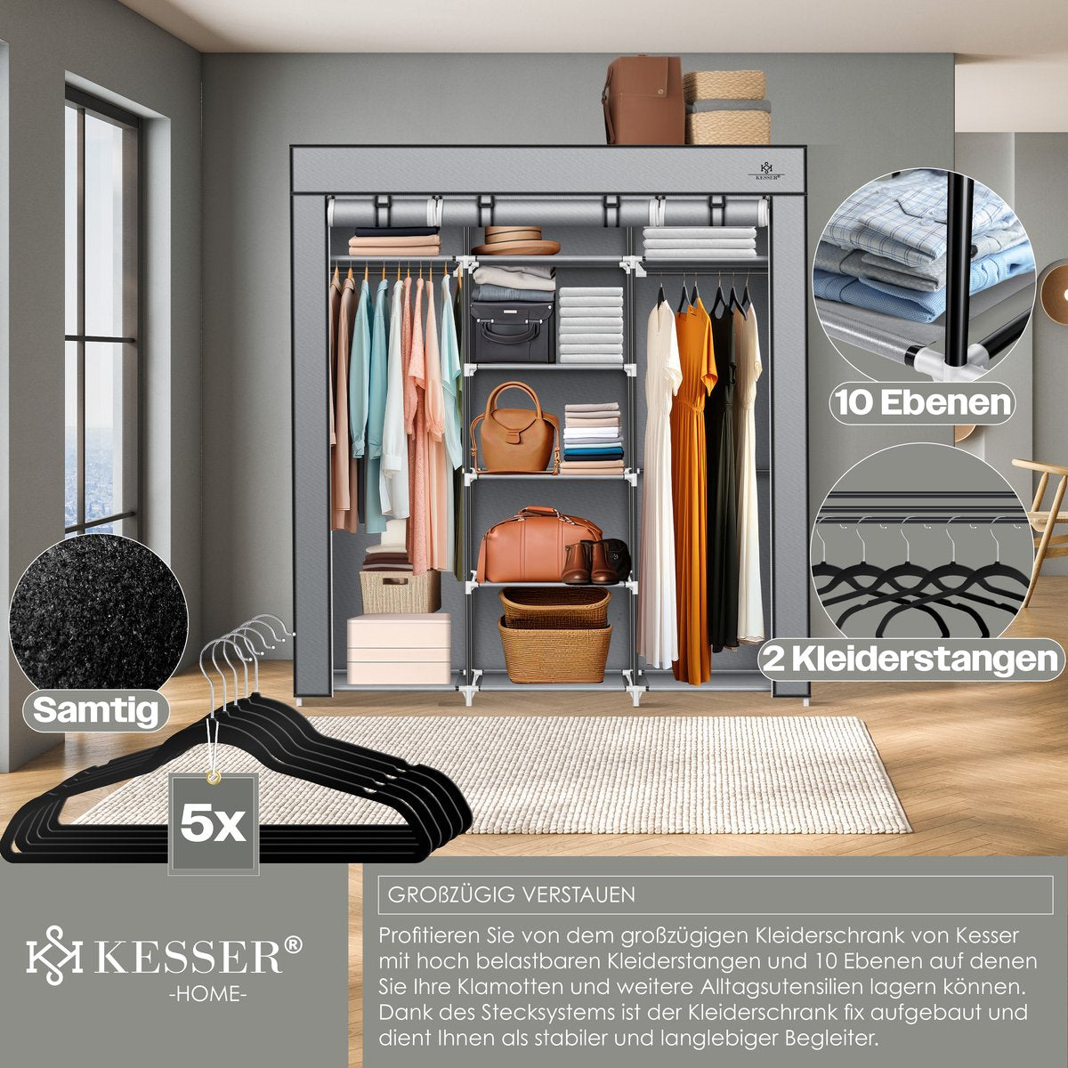 KESSER® Kledingkast in Stof en Metaal 150x45x175cm - opvouwbaare Garderobekast Stabiel met Kledingstang & Planken, Inclusief 5x Kledinghangers Kleerkast - Legplank Kast voor Slaapkamer met Kledingrek - Grijs