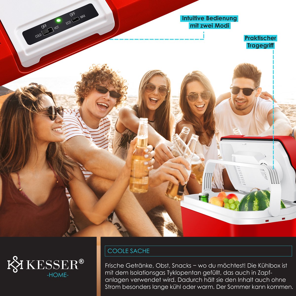 KESSER® Thermo-Elektrische Koelbox – 24L – 12V/230V – Rood •
