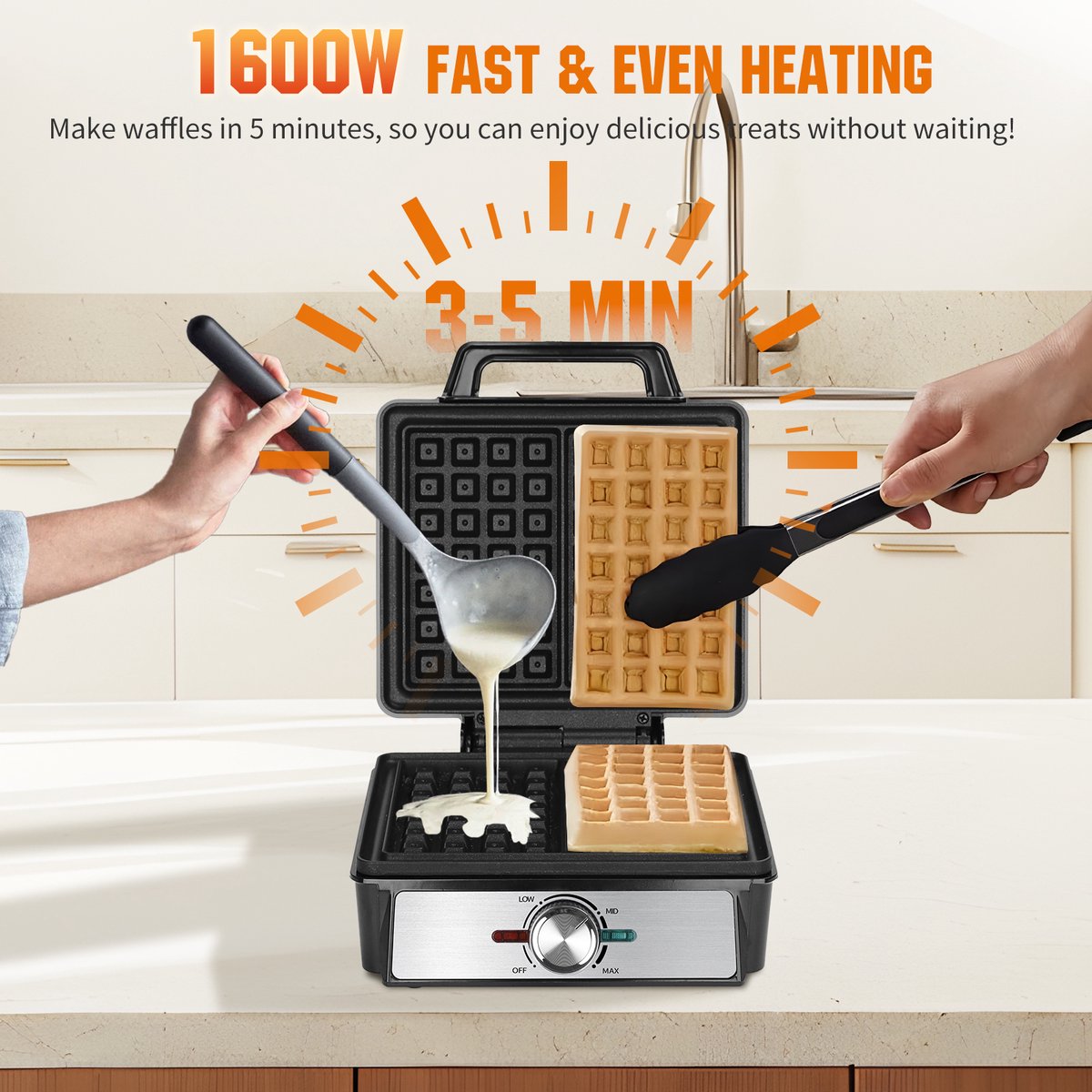 Aigostar Savory - Wafelijzer - 2 Belgische wafels - 4x7 - Regelbare thermostaat - Anti aanbaklaag - RVS - 20 x 17 cm - 1600W - Zwart •