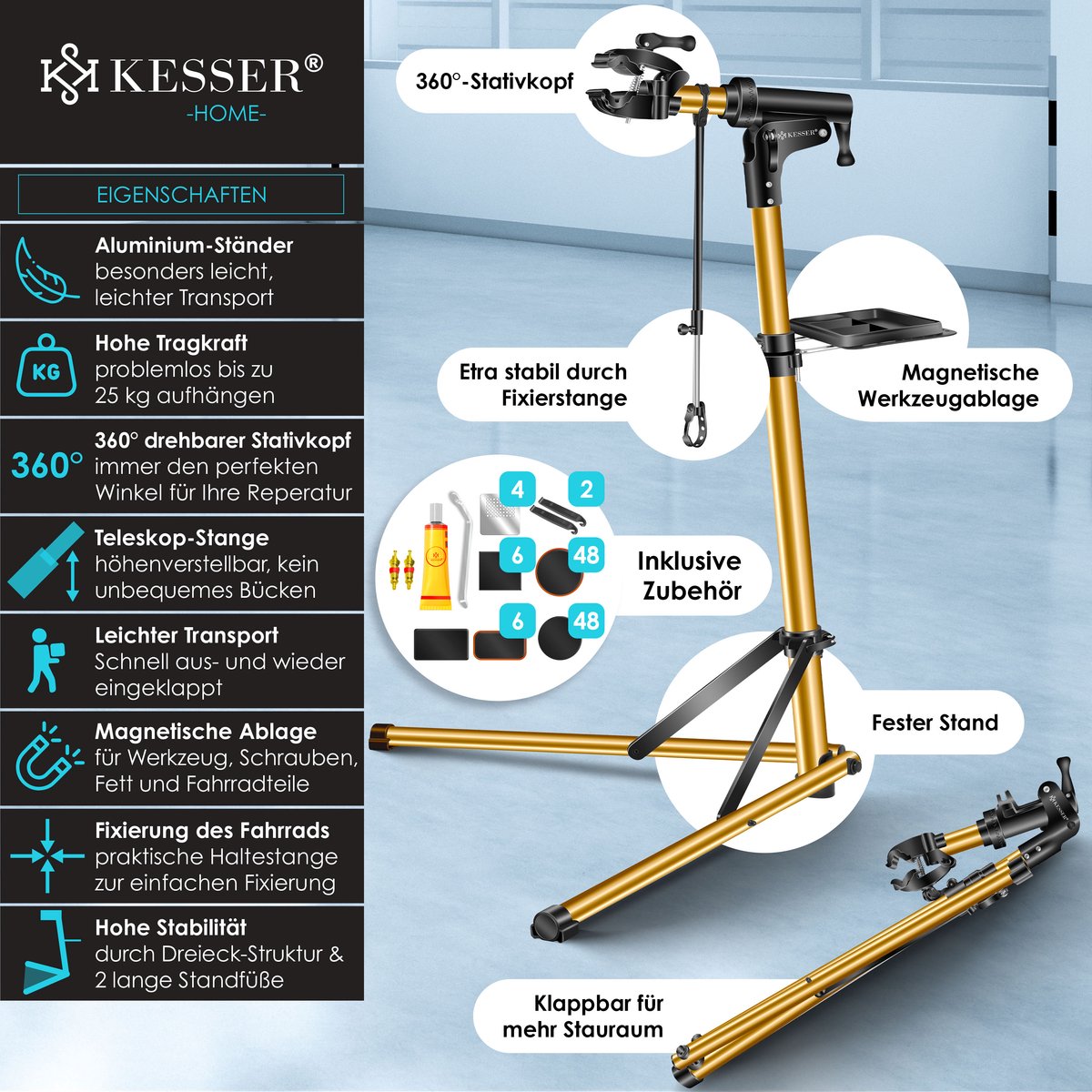 KESSER® Montagestandaard Fiets Reparatiestandaard 360° Draaibaar & Belastbaar tot 25kg | Fietsstandaard Fietslift | Fiets ophangsysteem Montage & reparatie standaard | Fietsstaander Met Draagtas & Fixatiestang - Goud