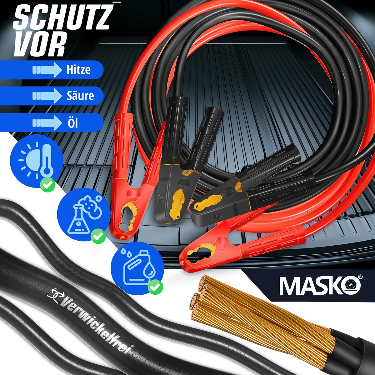 MASKO® Startkabels Auto 4 Meter 1500A voor benzine, diesel en hybride Motoren | Starthulp Jumpstarter Geschikt voor Auto, Vrachtwagen, Bus en Boot| inclusief handschoenen en opbergtas - Zwart / Rood