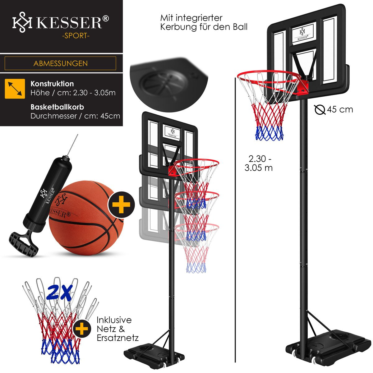 KESSER® Basketbalpaal - Basketbalstandaard - Verstelbaar - 230cm-305cm - Zwart