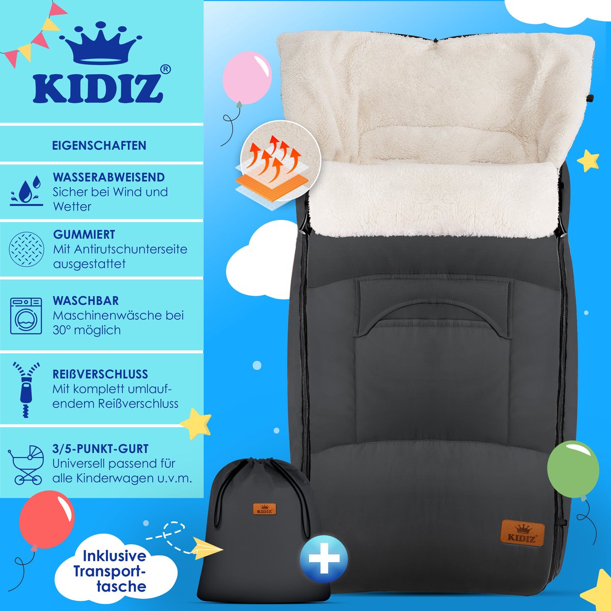 KIDIZ® Voetenzak voor Autostoeltje en Buggy met Ritssluiting - Baby Slaapzak Deken voor Maxi-Cosi & Wandelwagen / Kinderwagen - Antraciet •