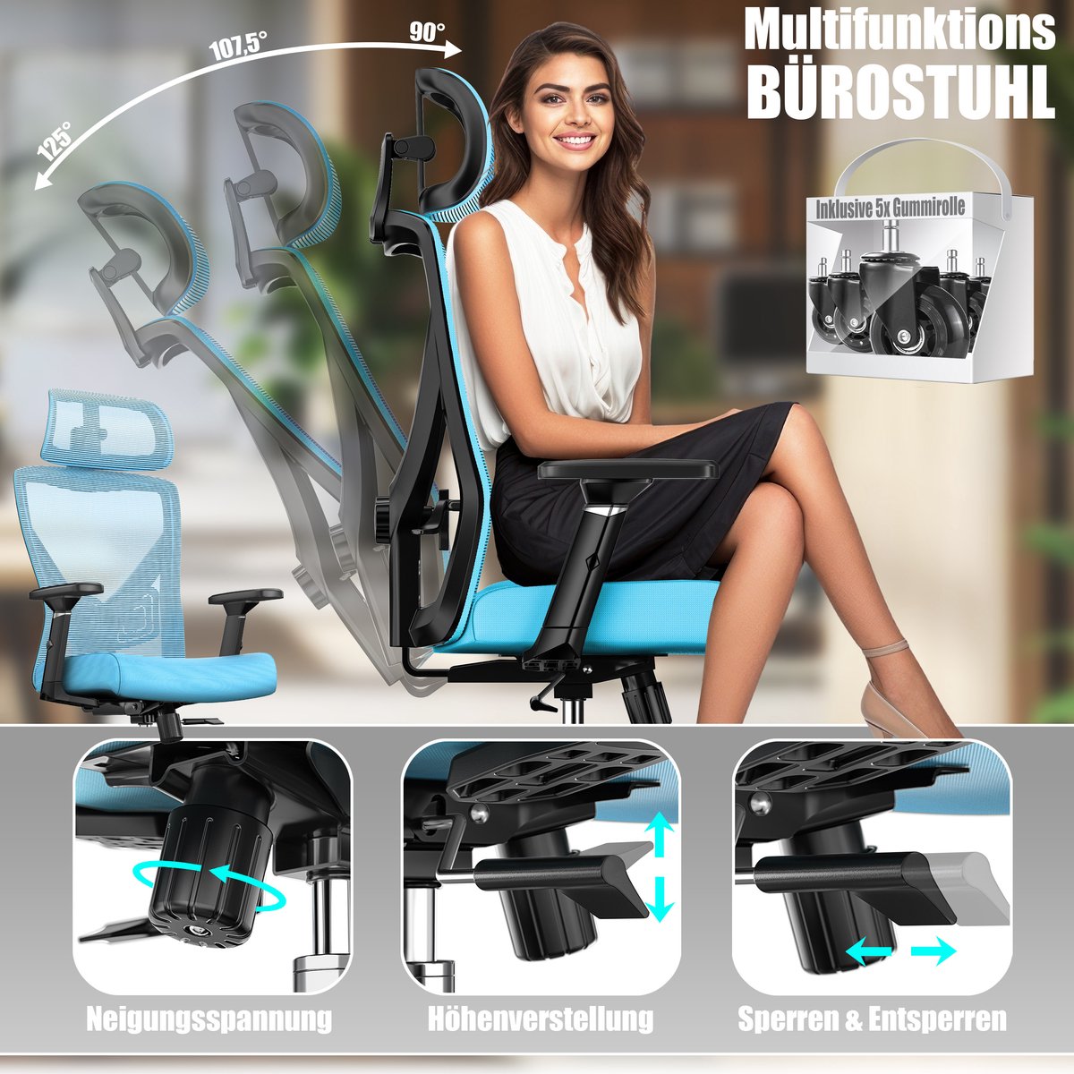 KESSER® Ergonomische Bureaustoel - Gamestoel - Office Chair - Blauw