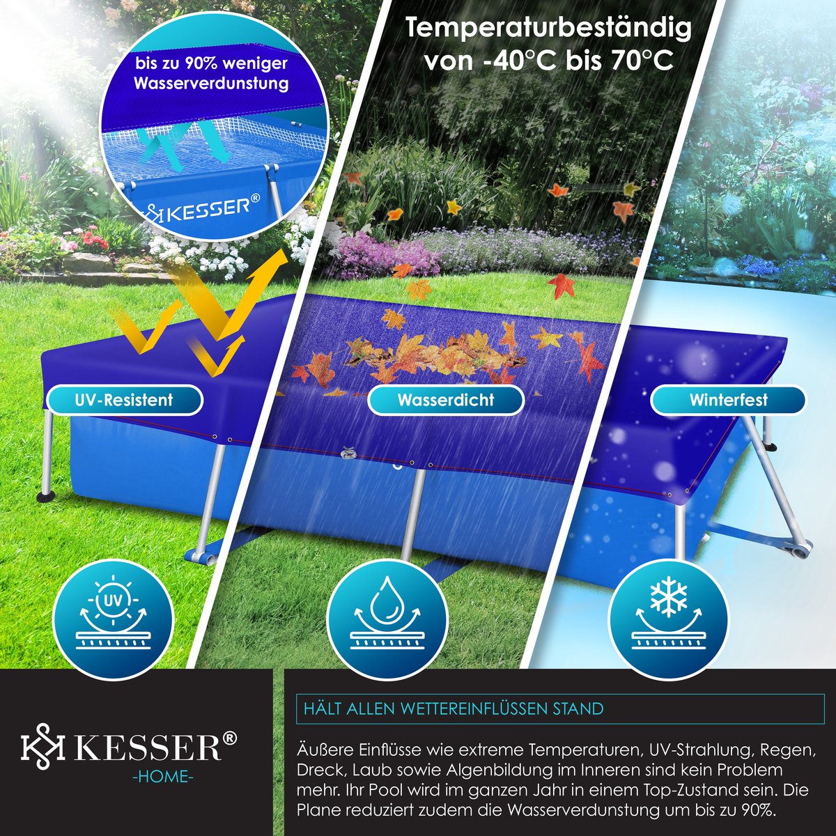 KESSER® Zwembad zonnezeil - Afdekzeil - 304x210cm - Blauw •