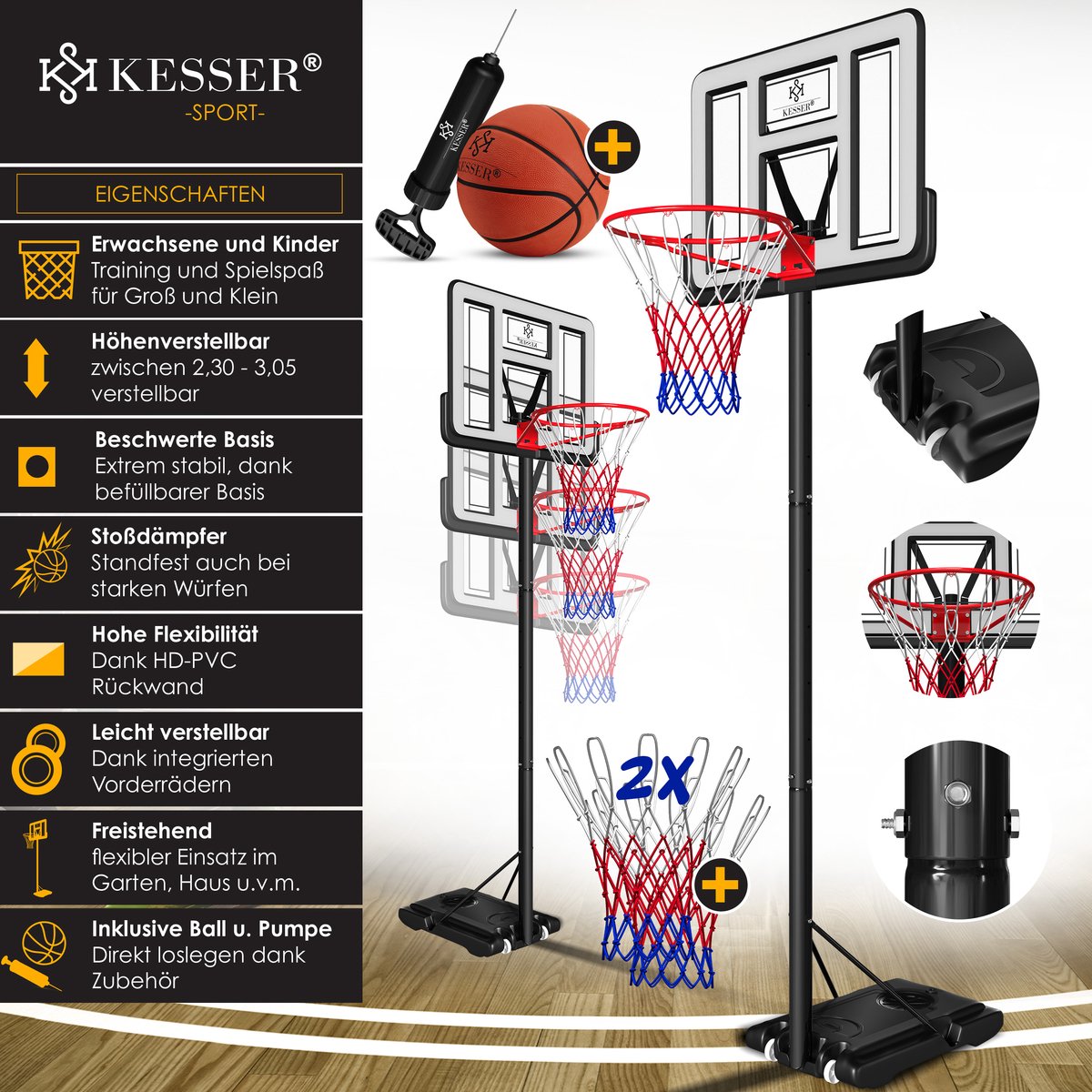 KESSER® Basketbalpaal - Basketbalstandaard - Verstelbaar - 230cm-305cm - Wit
