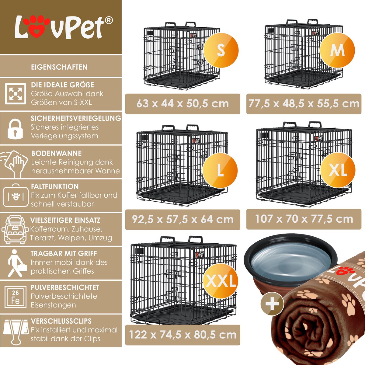 LOVPET® Hondenkooi Opvouwbaar Hondentransportkooi Incl. Fleecedeken + Kom Hondenbox met 2 Deuren Transportkooi Auto, Huisdier Transportbox Hondentransportbox met Vloertray - M, Zwart