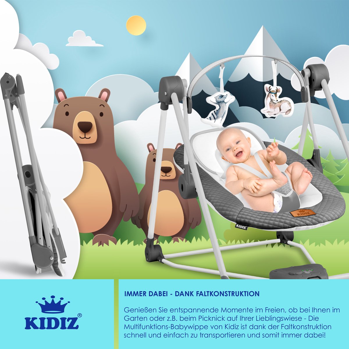 Wipstoel - Babyschommel - Baby Swing -  max 9kg - Antraciet - KIDIZ®