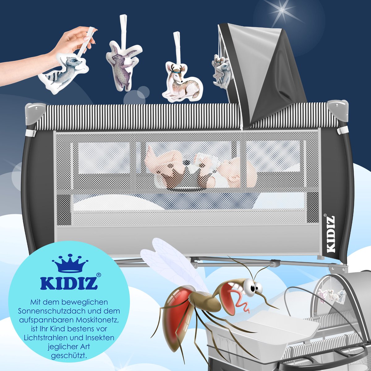 KIDIZ® 3in1 Babybedje - Campingbedje - Ledikant  - Grijs